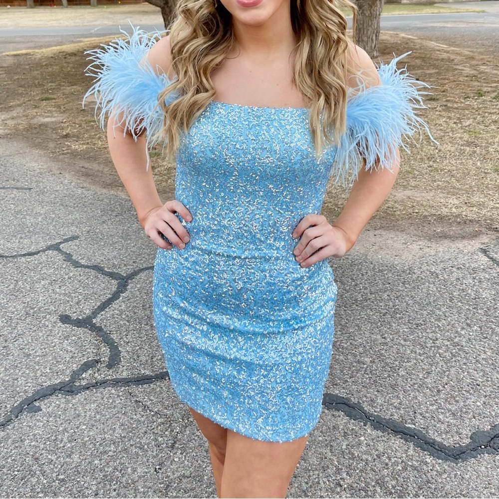 Blue Beaded Alyce Paris Dress with feathers